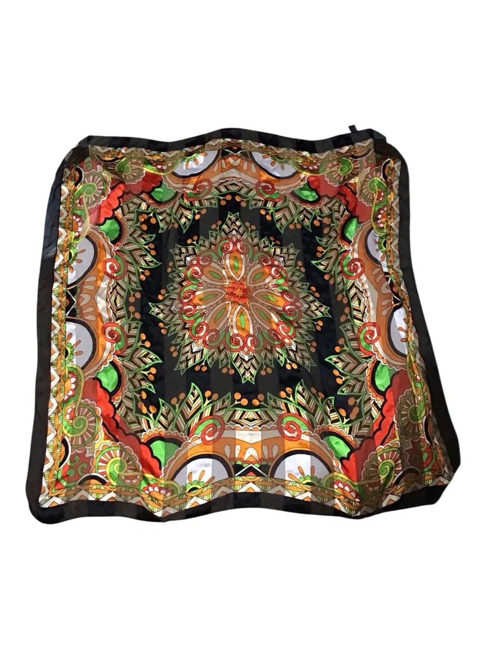 Vintage Silk Feel Polyester Vibrant Orange & Green Multicolor Print Scarf